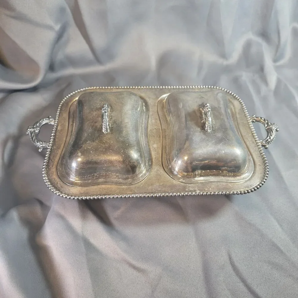 Vintage Silver-Tone Metal Double Covered Serving Dish Ornate Handles